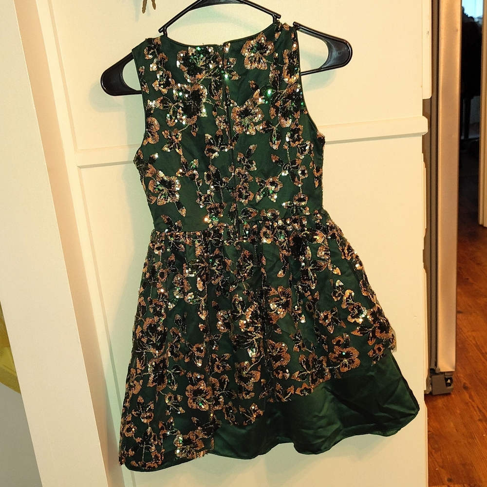 Christmas Rare Editions Green & Gold Floral Sequin Dress. Little Girl's Size 10.